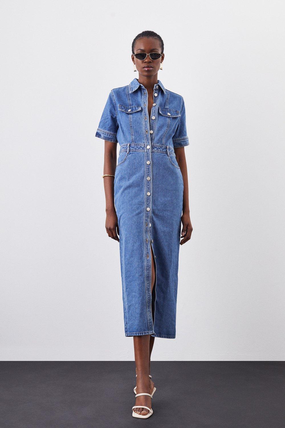 Lydia Millen Tailored Denim Utility Shirt Midi Dress | Karen Millen